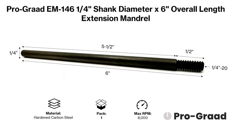 EM-146 6” Extension Shank for Quick Change Disc Pad Holders & Bore Polishers, 1/4" Shank Mandrel x 6" Overall Length, 1/4"-20 Thread Size, Compatible with Roloc, Roll Lock, TR, TS Holders EM-146 6" Overall Length