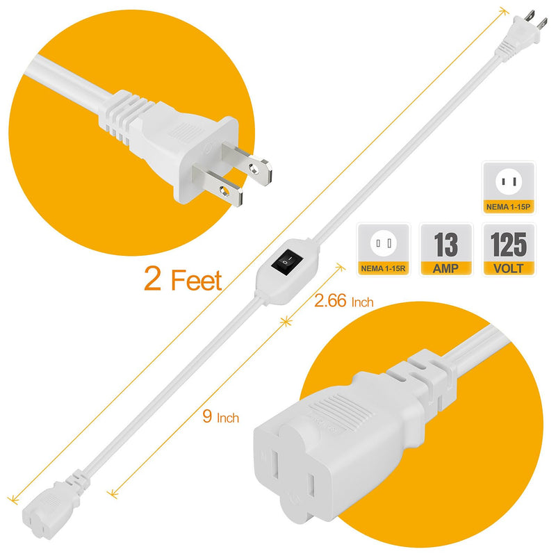 On Off Switch Extension Cord [2-Feet], 2-Prong/2 Outlet Polarized Extension Cord with Switch 12A/125V for Your Chargers/Lamp/Power Adapters etc, 16AWG Cord White
