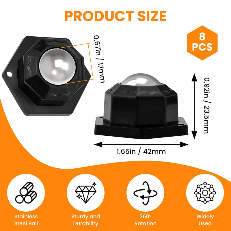 8Pcs Ball Bearing Rollers, 360º Rotation Universal Ball Casters, 330Lbs Self Adhesive Mini Caster Wheels for Trash Can, Storage Box, Small Furniture (Black) Black