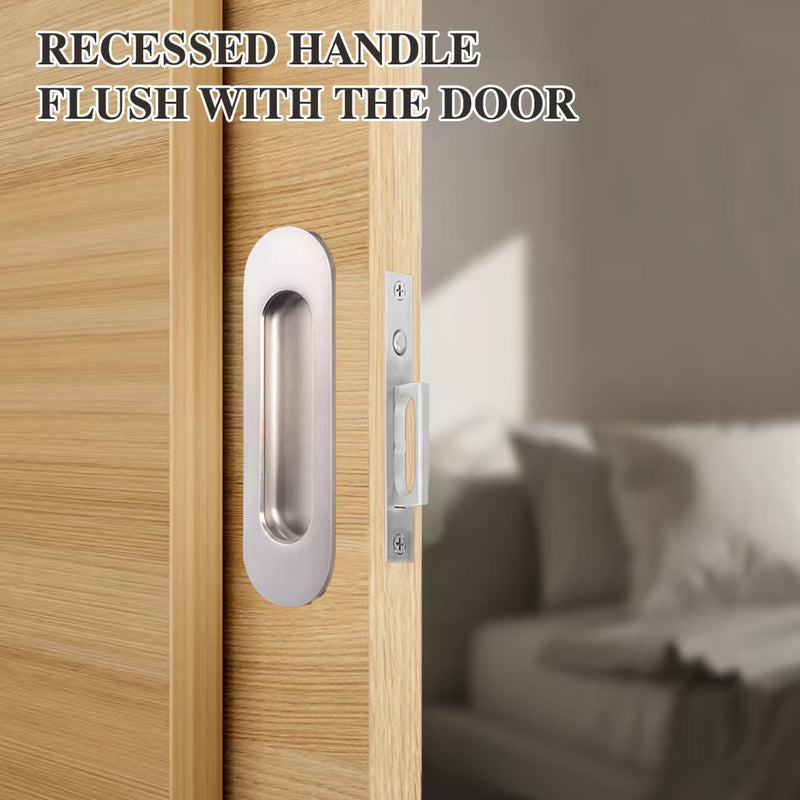 Pocket Door Handle with Edge Pull,6 inch Oval Recessed Flush Pocket Door Pulls,304 Stainless Steel Pocket Door Hardware, Hidden Edge Pull with Push Automatic Bounce Switch,Silver Silver 6 Inch