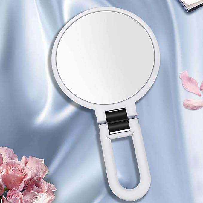 Hand Mirror Magnifier Desk Mirror 10x Equal Double Sided Mirror with Handle, Stand & Hand Mirror, Foldable Makeup Mirror, Convenient to Carry, Round White - NewNest Australia