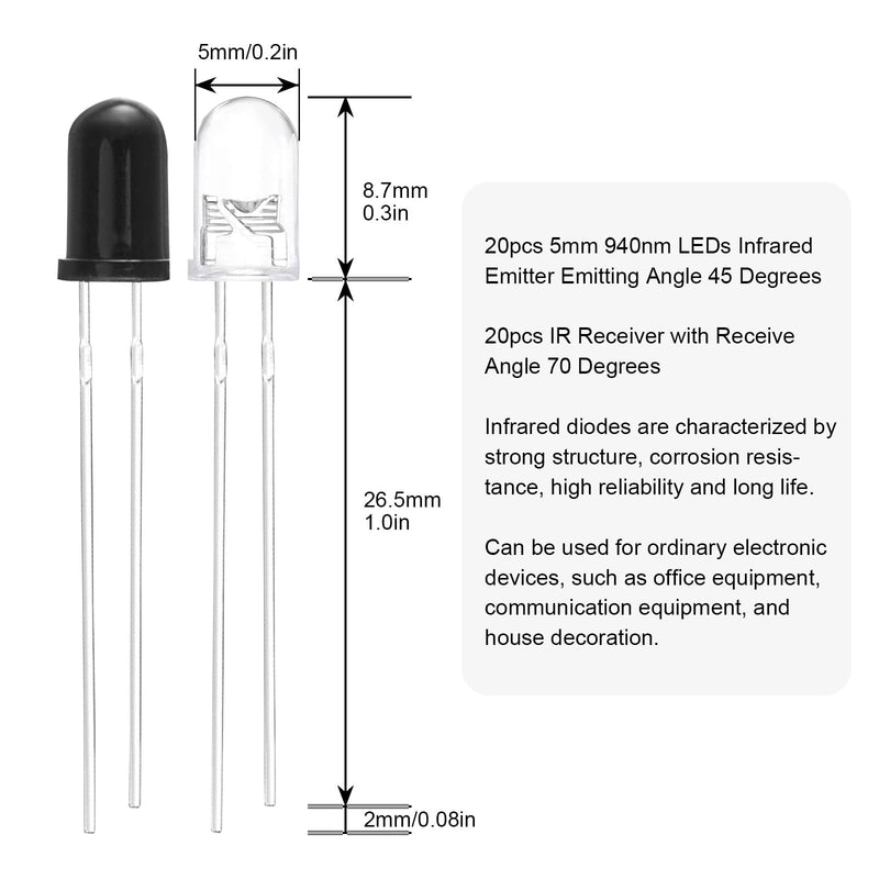 F5 940nm LEDs Infrared Emitter and IR Receiver Diode for Arduino 5MM Infrared Emission+Receiver Tube (Set of 40pcs) 5mm Ir Led Diode Kit (40pcs)