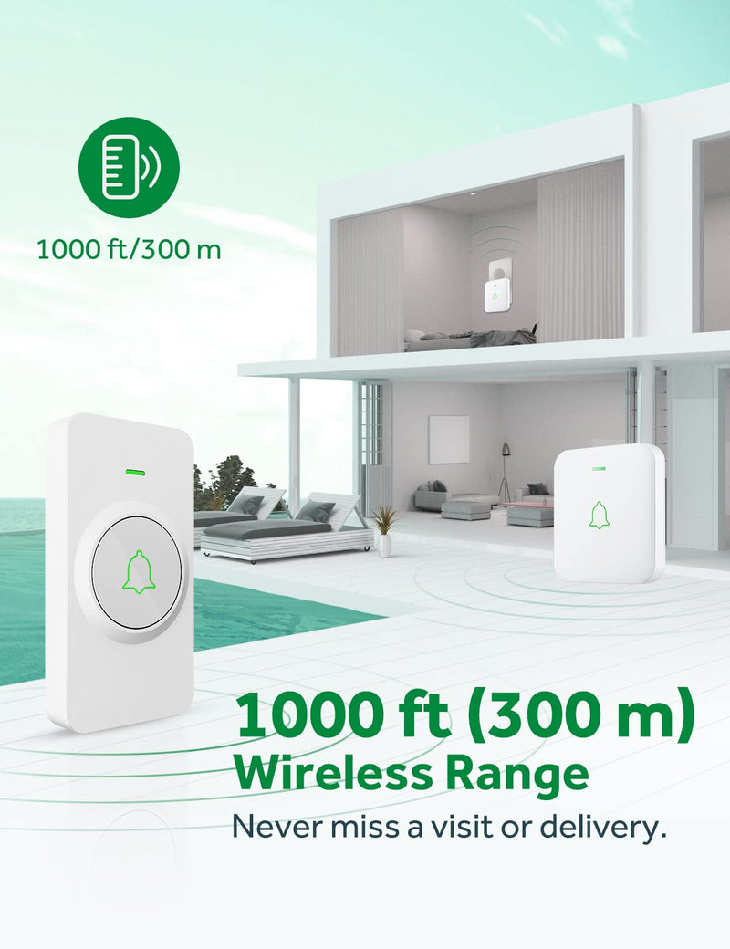 AVANTEK Wireless Door Bell, CW-12 Mini Waterproof Doorbell Chime Operating at 1000 Feet with 52 Melodies, 5 Volume Levels & LED Flash 2 Receivers White