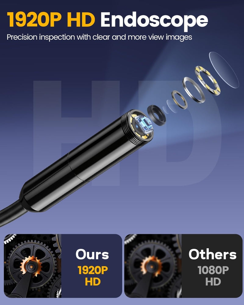 Endoscope Camera with Light, 1920P HD Borescope with 8 Adjustable LED Lights, Snake Camera with Semi-Rigid Cord, IP67 Waterproof Scope Tools for Pipe Inspection for iOS and Android,16.4ft Single Lens