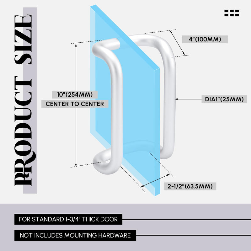 Offset Door Pull Commercial Door Handle 10" Center to Center Aluminum 90 Degree 1" Diameter Through Bolt Mounting for 1-3/4" Gate, Clear Anodized Finish
