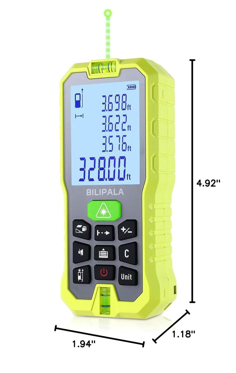 Laser Distance Measuring Tool, 100M/328ft Laser Measure, ±2mm Accuracy Laser Distance Meters with Backlit LCD, Measuring Distance, Area, Volume, Pythagorean Mode for Indoor/Outdoor Use(Green Laser)