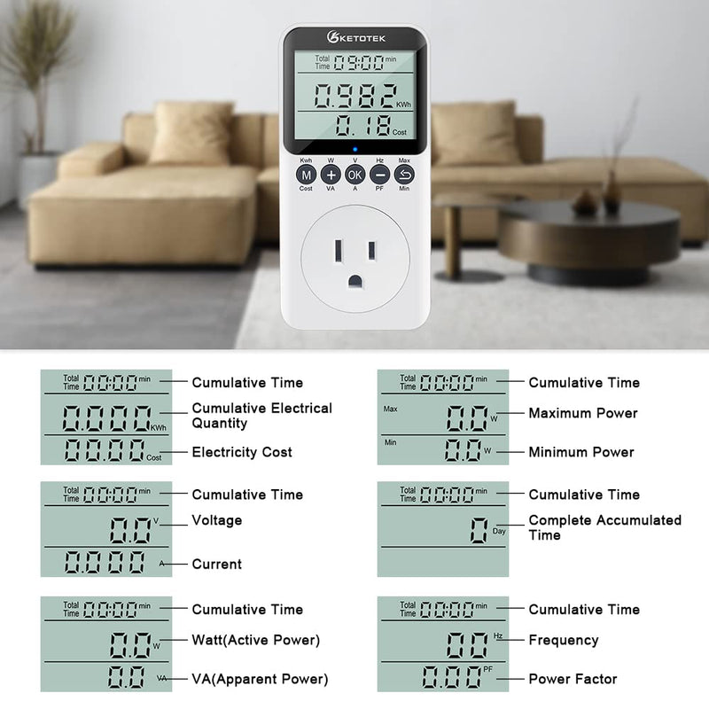 Watt Meter Plug-in Socket Power Meter, Kilowatt Wattage Voltage Tester, Home Electricity Usage Monitor Overload Protection, LCD Display Energy Voltage Amps Power Consumption Meter B0306USPRO