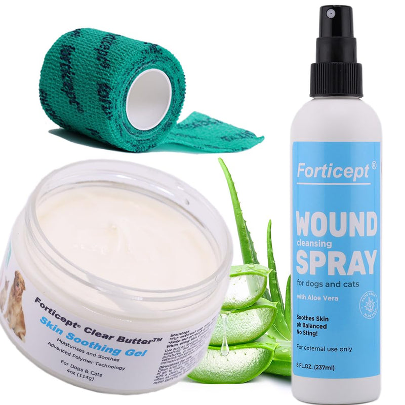 Forticept Hot Spot & Wound Care Kit, Itch Relief Spray for Dogs and Cats 8 oz + Promote Healing Wound Hydrogel 4 oz. + Self-Adhesive Wrap, First Aid for Dogs and Cats