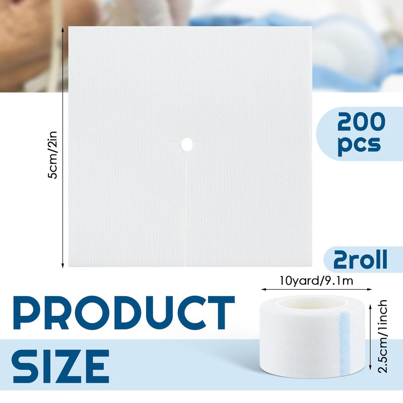 Timgle 200 Pcs 2" x 2" Split Gauze Pads 6 Ply Split Drain Sponge Gauze Non Woven Slit Bandage Split Gauze Sponges with 2 Roll of Tape for Wound Care Tubes Drains Supplies 2" x 2"