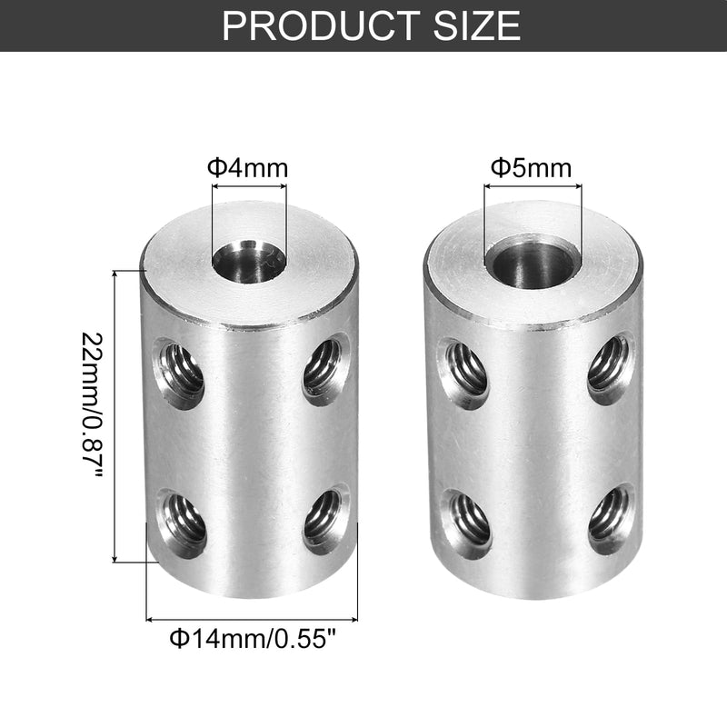 MECCANIXITY Rigid Screw Coupling 4mm to 5mm Shaft Coupler Connector L22mm x D14mm Steel Joint Connector Rigid Coupling Set for 3D Printers DIY Encoder with 8 Screws & Hex Wrench, 2 Pcs
