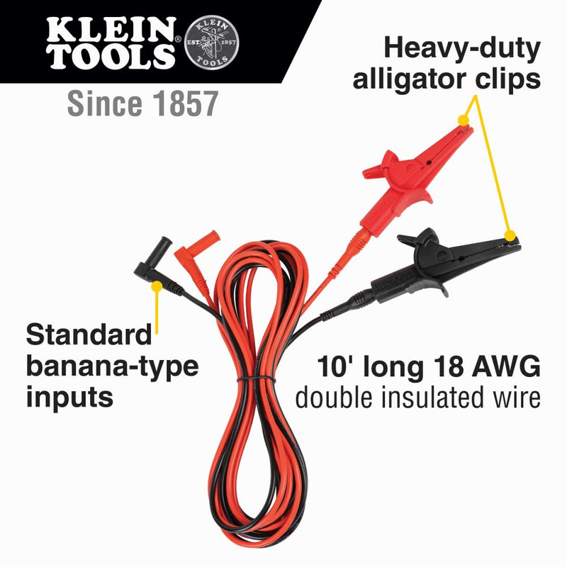 Klein Tools 69367 Alligator Clip Test Leads, Heavy-Duty Banana Plug Replacement Leads, 10-Foot
