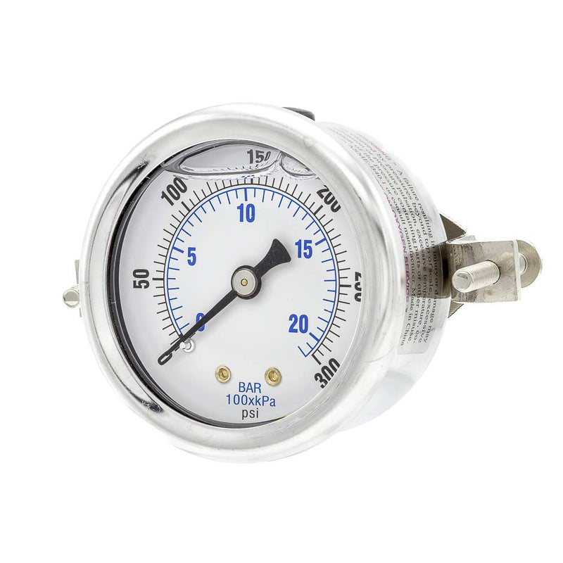 PIC Gauges 203L-204H U-Clamp Panel Mount Glycerine Filled Pressure Gauge w/ SS Case/Bezel, Brass Internals, PC Lens, 2" Dial, 0/300 psi Range, 1/4" Male NPT 0 - 300 PSI