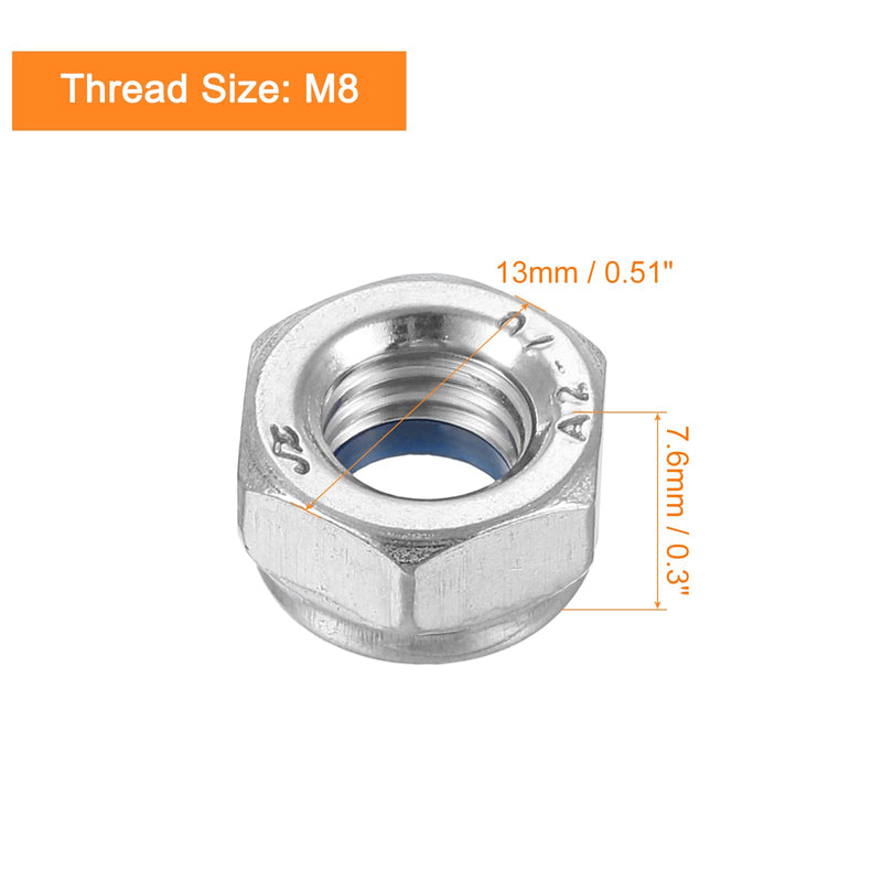 uxcell Left-Hand Lock Nuts, M8x1.25mm 304 Stainless Steel Thread Hex Nylon Insert Lock Nut for Assembling and Fastening, Silver 10pcs