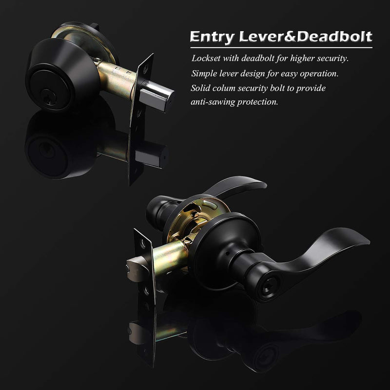1Pack Exterior Door Lever Lockset with Single Cylinder Deadbolt Black Door Handle with Deadbolt Lock Set Keyed Alike, Matte Black Finished 1 Pack