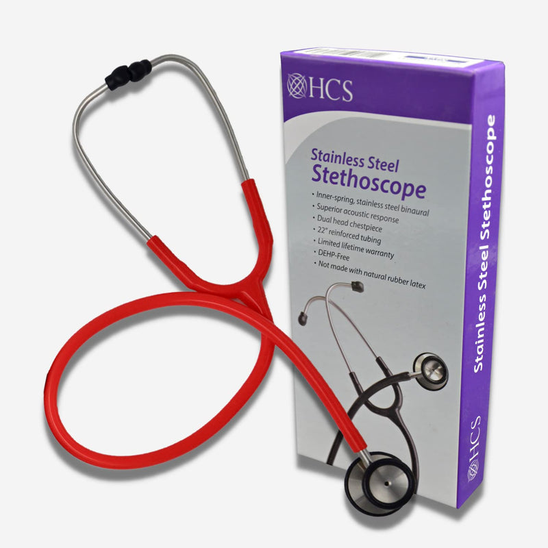 HCS Red Stethoscope, Premium Stainless Steel - Medical, Dual Head Stethoscopes for Nurses, Doctors, Veterinary, Nursing School, Work, Home - 22 inch Tubing