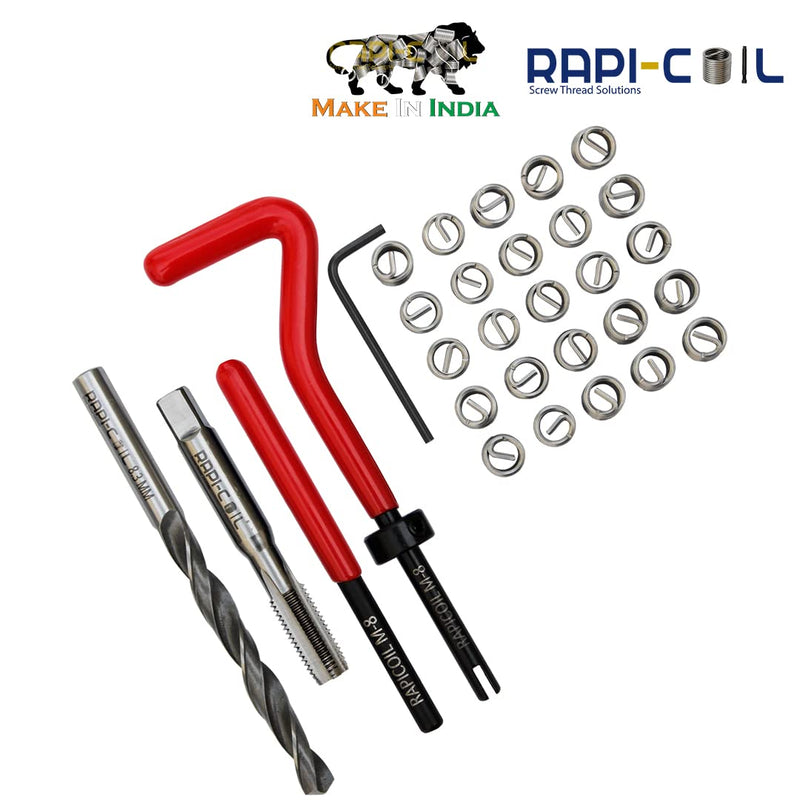 M8 x 1.25 Thread Repair Helicoil Kit, HSS M2 Tap & Drill, SS 304 Wire Inserts - Made in India M8 x 1.25