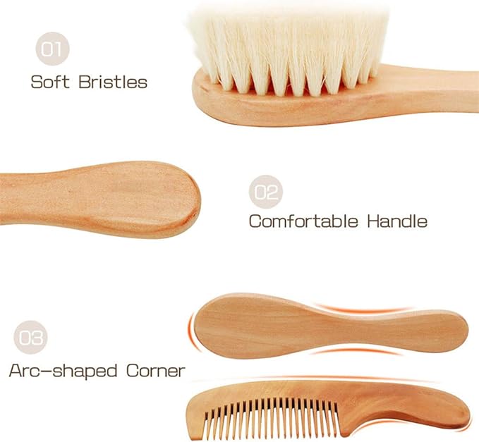 Kingsie Baby Hair Brush, Comb, Set of 2, Natural Wood, Goat Wool, Brush, Comb, Newborn, Baby Hair Care, Baby Shower, Gift - NewNest Australia