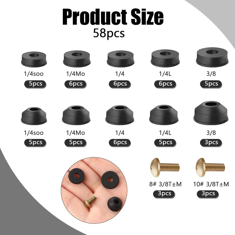 Faucet Washers,58 Pack Faucet Washer Assortment Kit Faucet Parts Washer Flat and Beveled Rubber Faucet Washers Assortment Replacement Kit for Repairing Faucet Leak Worn Out Washer Replacements