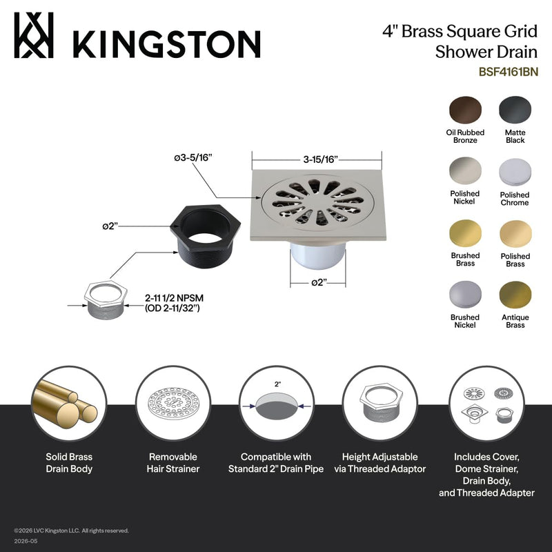 Kingston Brass BSF4161AB Watercourse Shower Drain, Antique Brass,3.94 x 3.94 x 1.63
