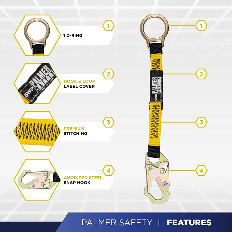 Palmer Safety 18" D-Ring Extender Fall Protection with 3/4" Snap Hook and D-Ring, Polyester Webbing with Chafe Guard, OSHA/ANSI Compliant 1