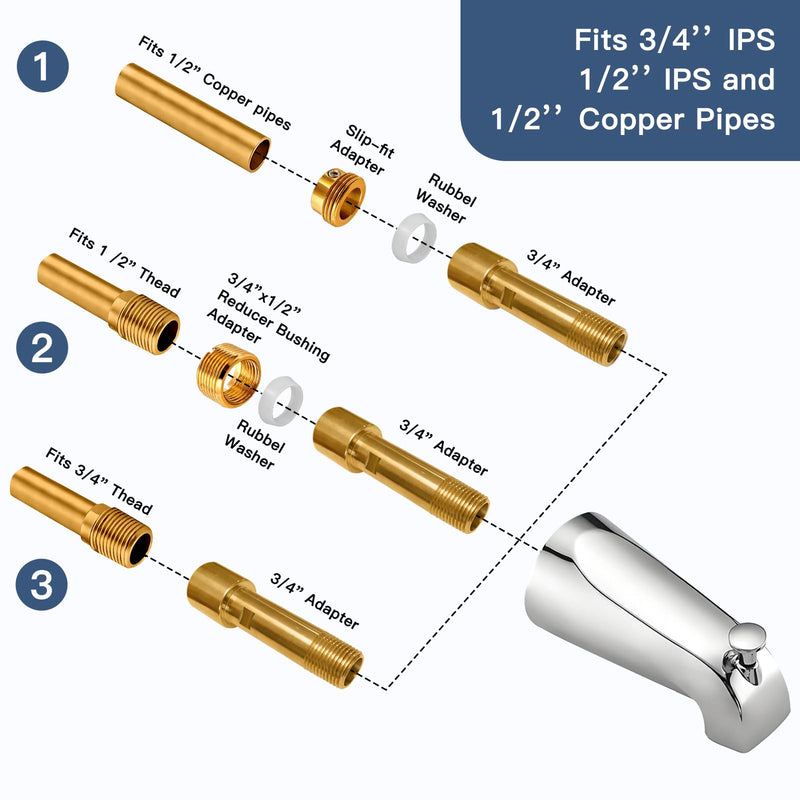 Metal Chromel Bathtub Spout with Diverter, All Metal,5.3 Inch Tub Spout, Fits 1/2" Copper Slip-On and 1/2" or 3/4" IPS Threaded Pipes, Leak-Free, Slip Fit Tub Spout with Pull-Up Diverter