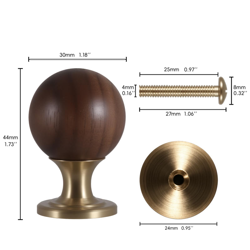 Wood & Brass Cabinet Knobs and Pulls 10 Pack - 1-3/16''(30mm) Walnut Round Gold Cabinet Knobs Hardware with Copper Base, Vintage Wooden Handle for Dresser Kitchen Cupboard Drawer Walnut Wood Ball + Solid Brass Base 30mm|1-3/16''