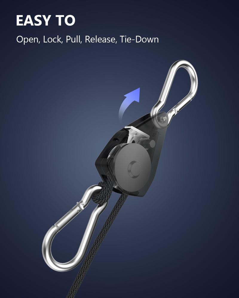 VIPARSPECTRA Retractable Heavy Duty Ratchet Tie Down Straps [4 Pack, 8ft, 75lbs/Pack], Rope Pulley System with Carabiner Hook for Hanging Plants/Grow Light/Tents Various Tie-Down Uses 1/8" 4-Pack