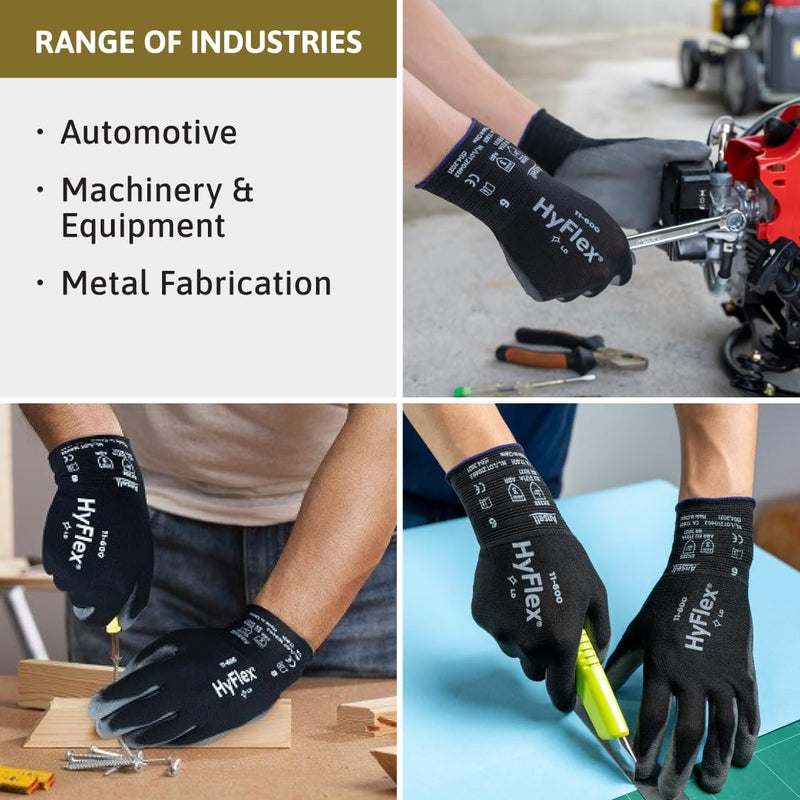 Ansell HYFLEX 11-600 Light Duty Nylon Industrial Gloves w/Palm Coating for Metal Fabrication Size 10 (XL) 12 Pair Black
