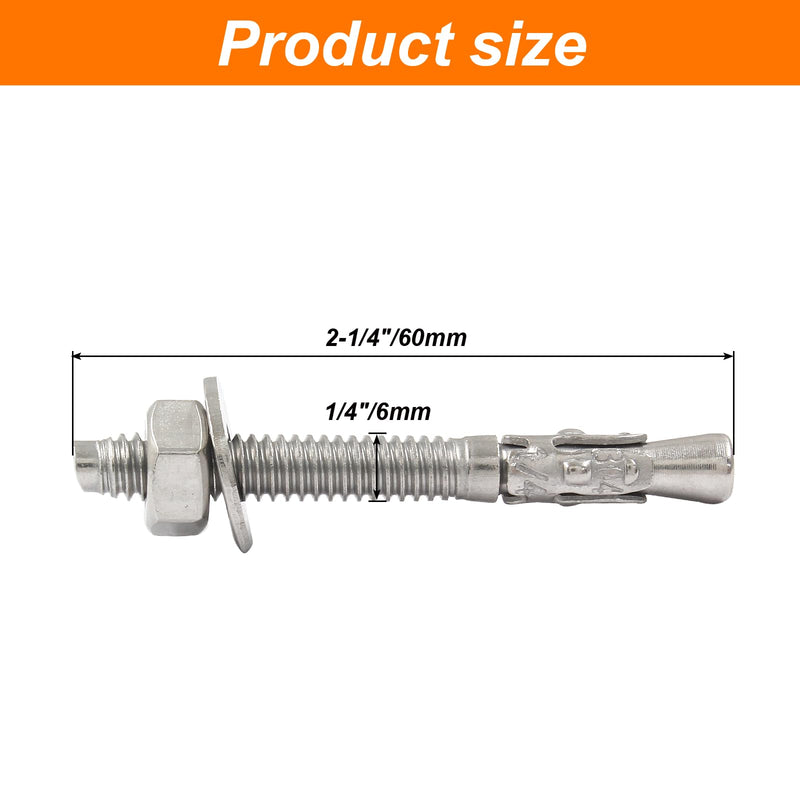 BokWin 20 Pcs Stainless Steel Concrete Anchors 1/4 Inchx2-1/4 Inch Wedge Anchors Zinc Plated Wedge Anchors for Concrete 1/4"*2-1/4"