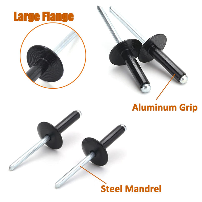 ISPINNER 100pcs 3/16" x 1" Large Flange Aluminum Blind Rivets, Pop Rivets Grip Grange 18-20mm (Black) 3/16" x 1" Black