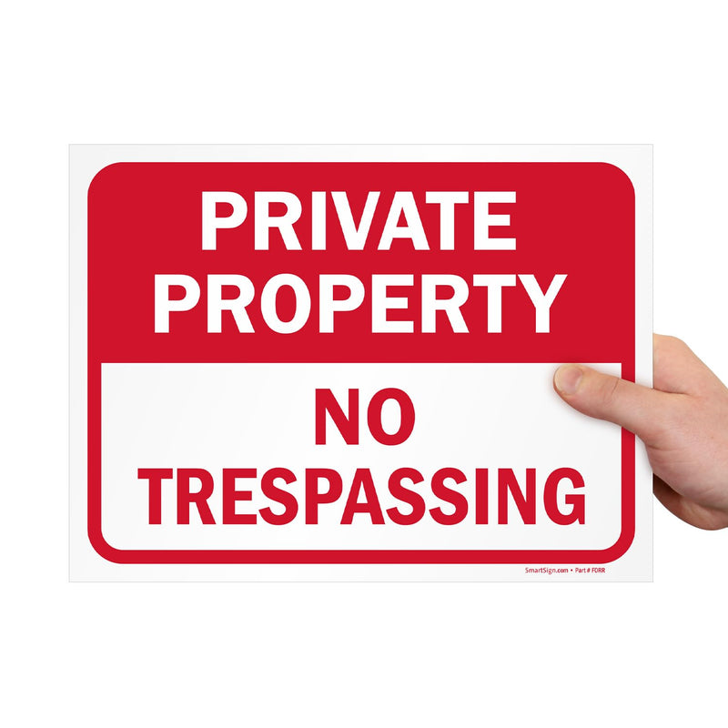 SmartSign Private Property No Trespassing Sign, 9" x 12" Polystyrene Plastic (Pack of 5) Screen Printed, 10 mil Polystyrene Plastic, Red and White, Made in USA Pack of 5