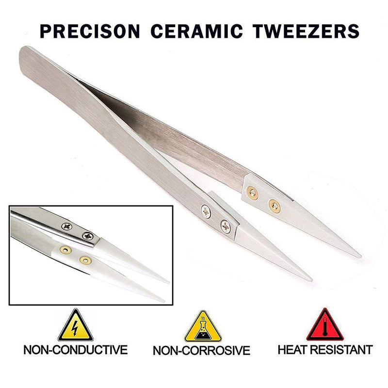 Ceramic Tweezers, Stainless Steel Tweezers, Non-Conductive, High Temperature Resistance 3000 Degrees Applicable to Precision Electrical Operation (Black) Black
