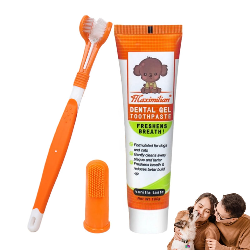 Dog & Cat Toothpaste Kit with Toothbrush & Finger Brush – 100g Vanilla Flavor Pet Toothpaste – Helps Reduce Plaque, Freshen Breath & Support Healthy Gums – Puppy & Adult Pet Dental Care