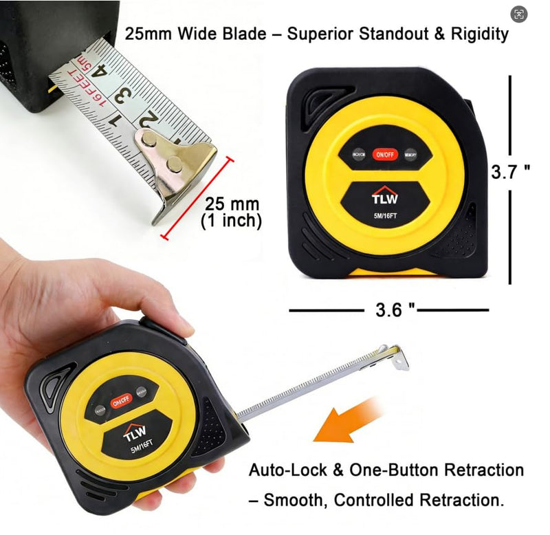 TLW Digital Tape Measure 16ft/5m, 25mm Wide Blade Retractable Measuring Tape with Easy Read LCD Screen, 9 Data Memory, 2-in-1 Auto Lock Metric and Imperial Units