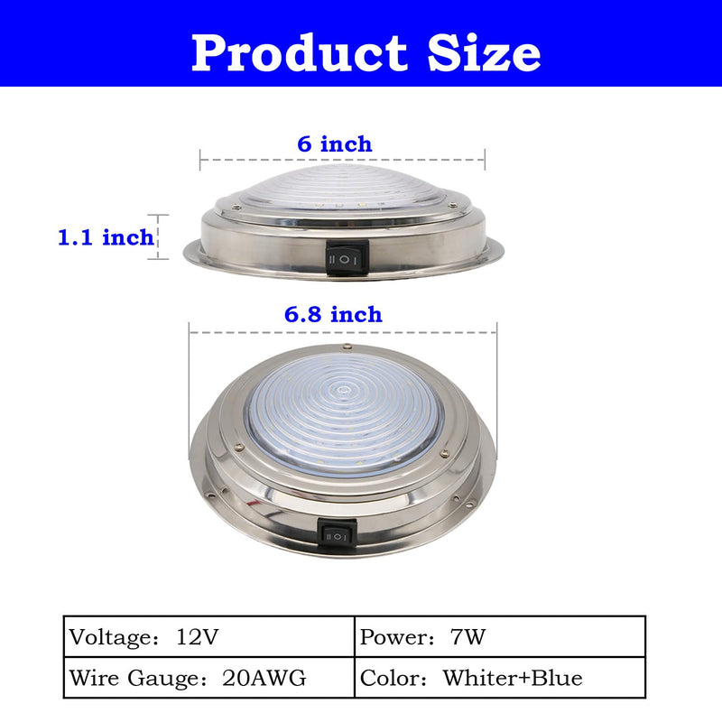 Marine Boat Dome Light, Dual Color 7" 12V Interior Cabin Lights with Toggle Switch, Stainless Steel Surface Mount (White|Blue) White | Blue