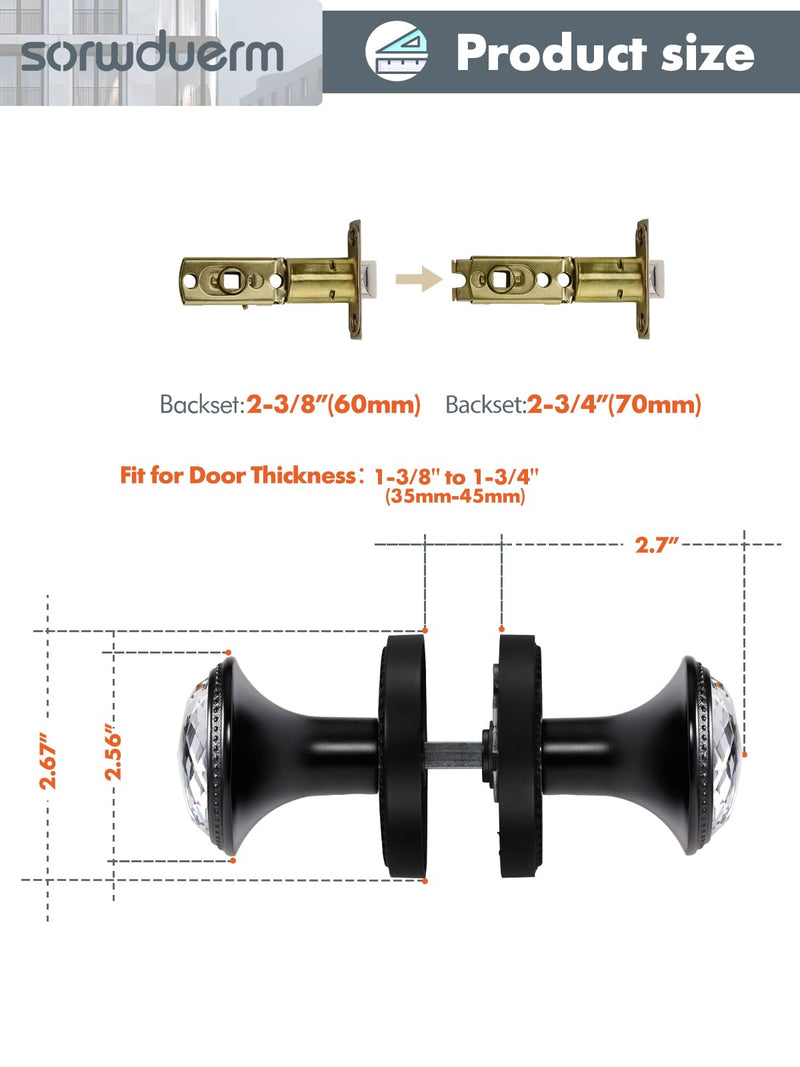 1 Pack Black Door Knobs Crystal Door Knob Passage Door Knob for Hall and Closet Glass Matte Black Zinc Alloy 1 Blakc-Passage
