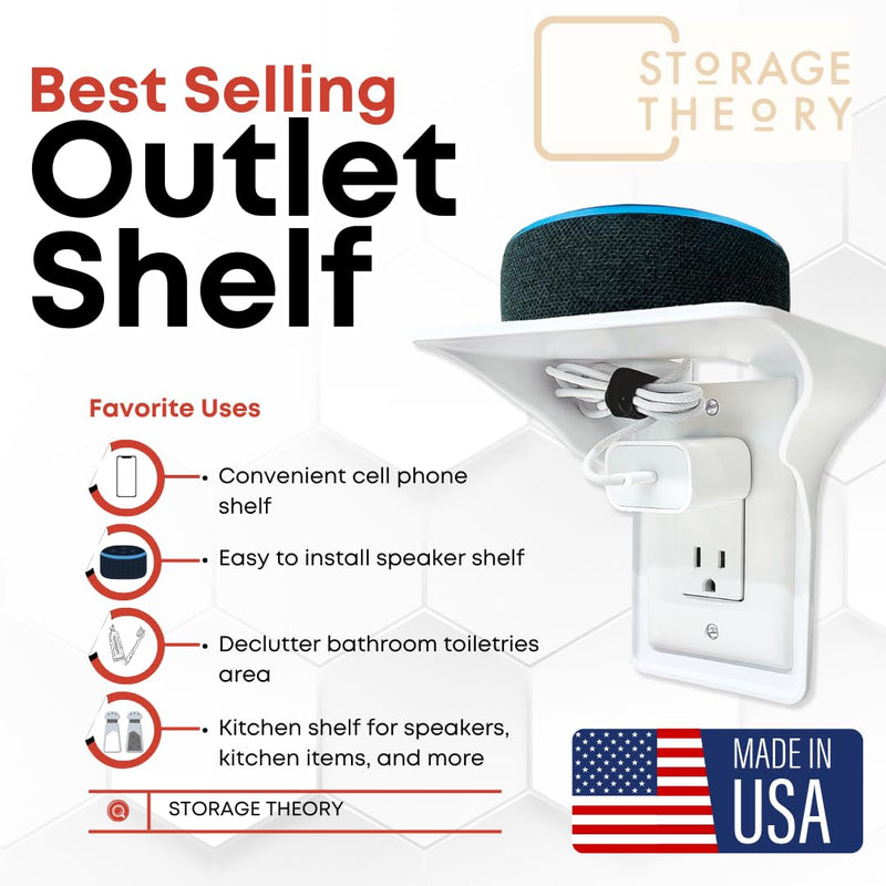 Power Perch Wall Outlet Shelf – Transform Your Outlet into a Space-Saving Display! Perfect for Alexa, Electric Toothbrush & More – Sturdy Light Socket Shelf by Storage Theory - 1 Pack, White