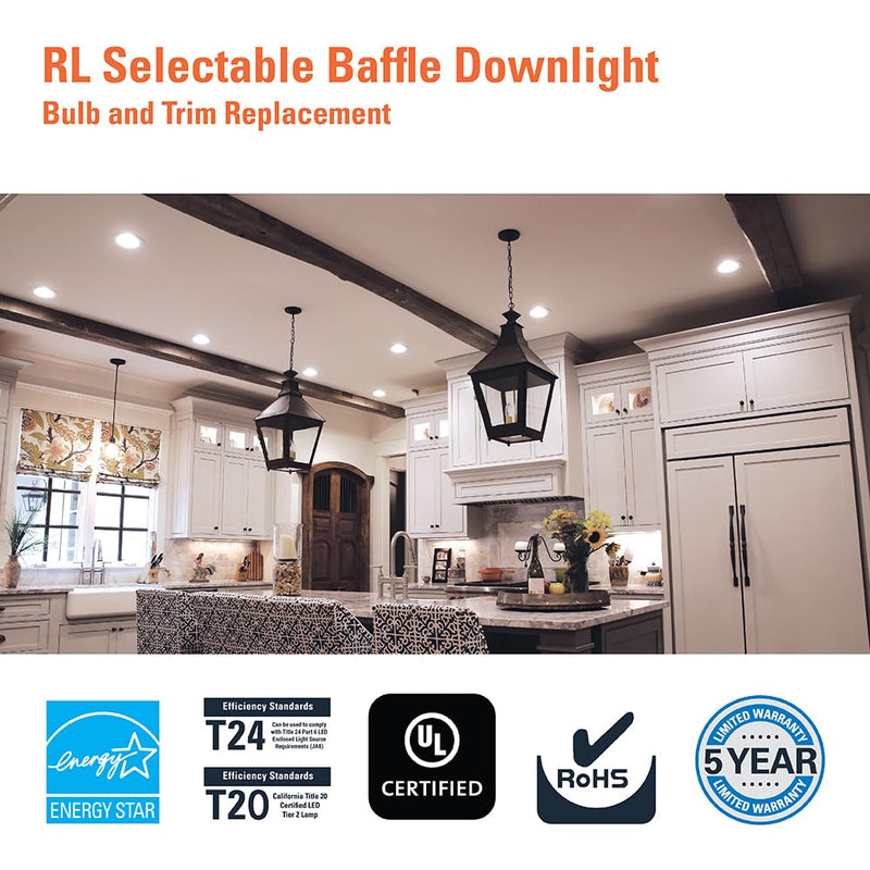 HALO RL Series 5/6 inch Recessed LED Light – Retrofit Ceiling & Shower Downlight, Selectable CCT and Selectable Lumens, Dim to Warm, Matte White Retrofit Baffle Trim, 900/1200 Lumens 900/1200 Selectable Lumens
