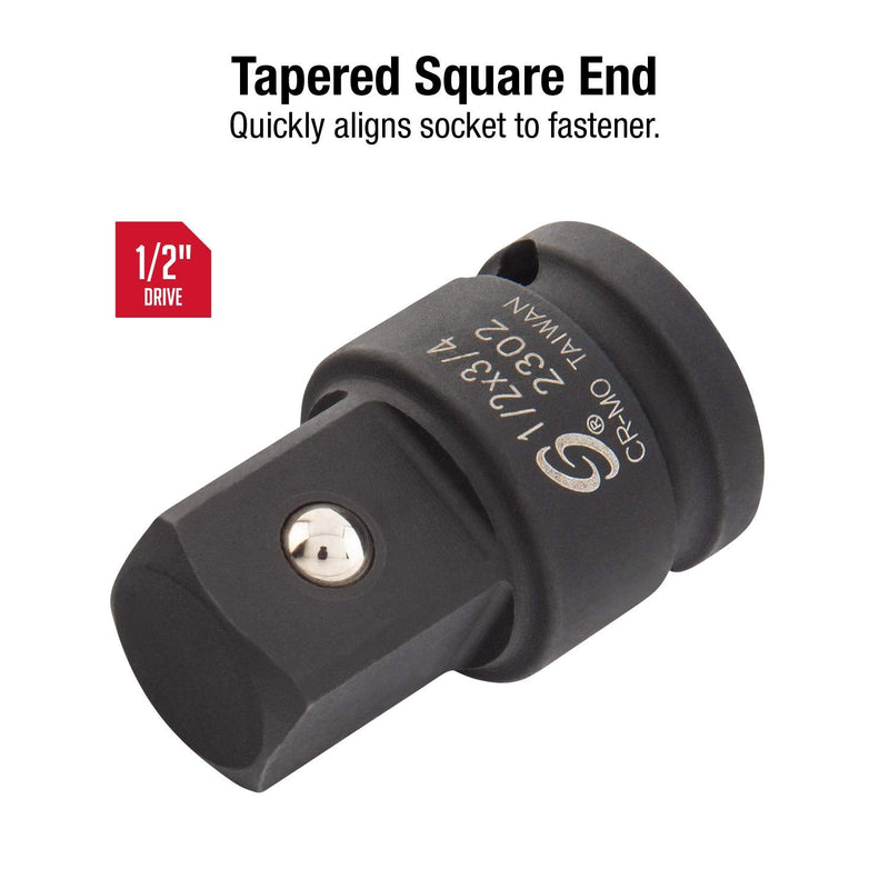 SUNEX TOOLS 2302, 1/2 Inch Drive, 1/2" Female x 3/4" Male Impact Adapter, Cr-Mo Steel, Ball Detent, Tapered Square End, Meets ANSI Standards