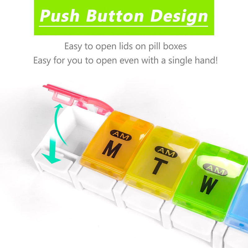 Extra Large Weekly Pill Organizer 2 Times a Day - Remtise Am/Pm Daily Pill Case Medicine Organizer, Push Button 7 Day Pill Box for Pills/Vitamin/Cod Liver Oil/Supplements (Rainbow) Rainbow