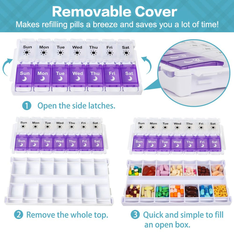 Shintop Am Pm Pill Organizer 7 Day, Push Button Weekly Pill Box 2 Times Removable Lid Medication Case Easy Fill Day Night Vitamin Container for Fish Oil Supplements (Purple & White) Purple & White