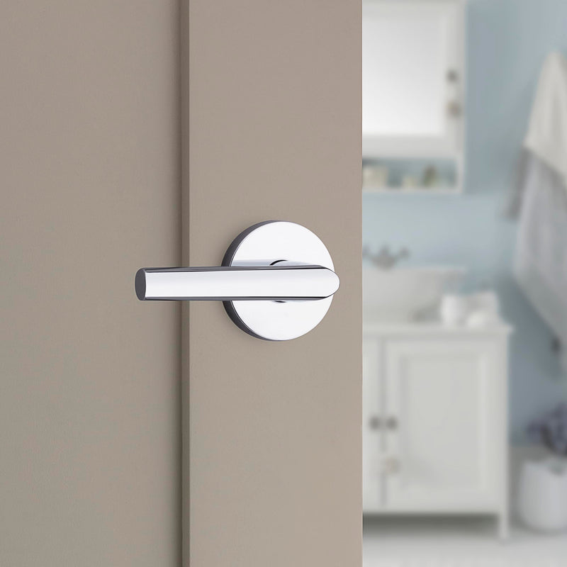Kwikset Milan Interior Privacy Door Handle with Lock, Door Lever For Bathroom and Bedroom, Polished Chrome Reversible Keyless Push Button Lock Door Lever