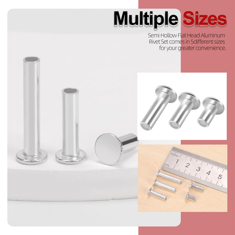 Hilitchi 251PCS M4 Aluminum Flat Head Semi-Tubular Rivets with Punch Assortment Kits Aluminum Round Flat Head Rivet Silver Round Semi Tubular Rivets for Craft Repairs Decoration