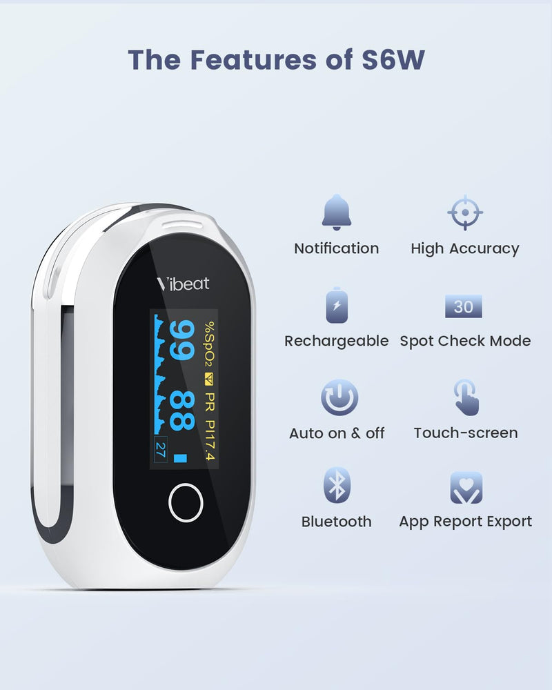 Rechargeable Pulse Oximeter Fingertip, Vibeat S6W Bluetooth O2 Monitor Finger with Real-Time Blood Oxygen Saturation & Heart Rate Tracking, Batteries and Lanyard Included