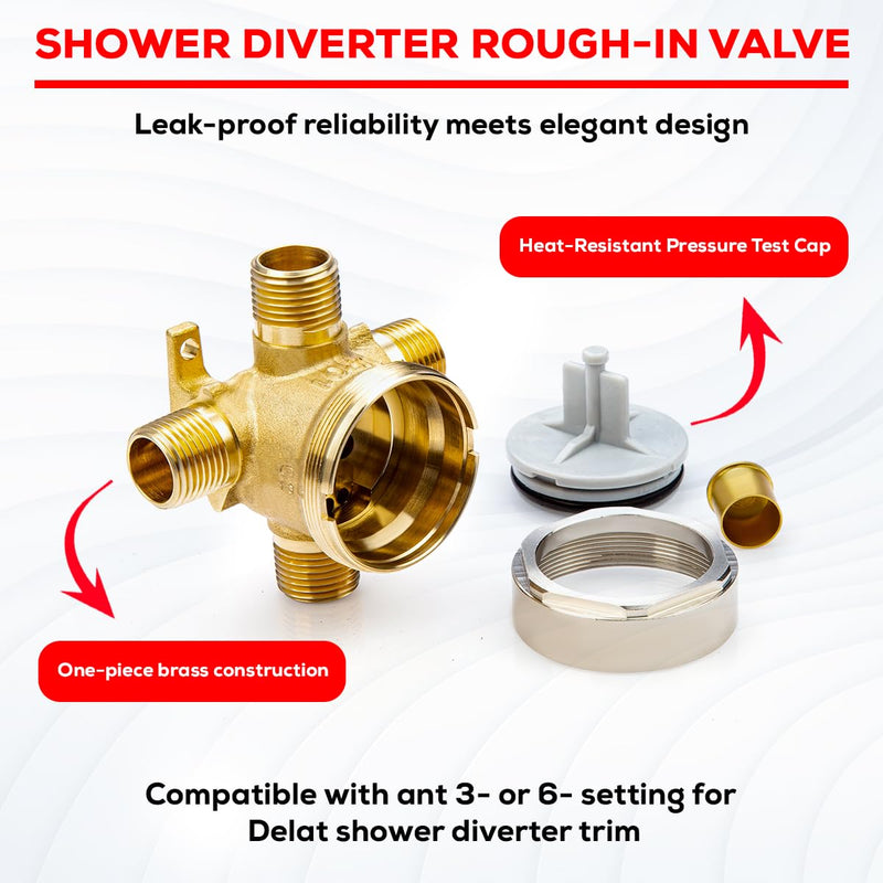 R11000 Shower Diverter Rough-in Valve for 3-Setting or 6-Setting Custom Shower Faucet Diverter Trim Kit, Fully Brass Construction