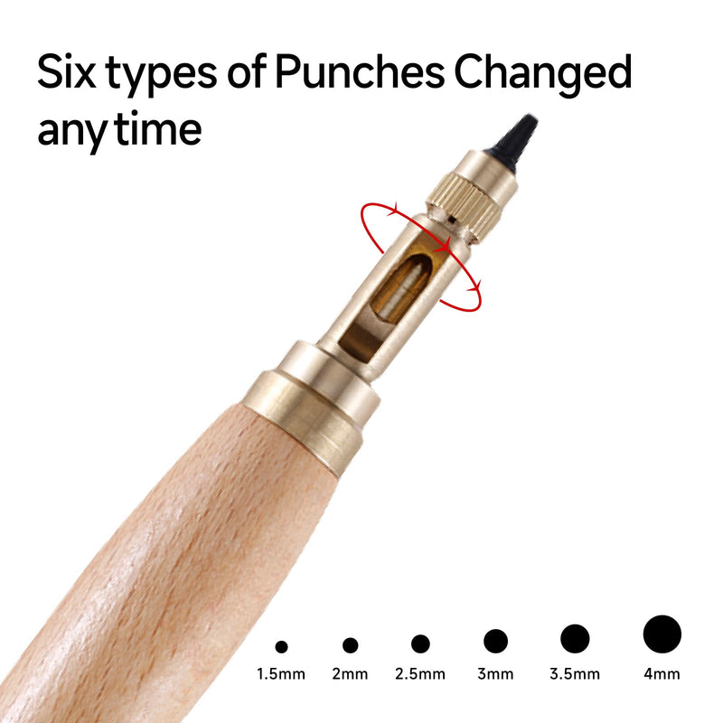 KEARING Wooden Screw Punch - 6 Sizes Adjustable Leather & Paper Hole Punch | Automatic press-down hole punch for bookbinding and leathercraft. Includes 6 interchangeable bits from 1.5mm to 4.0mm.