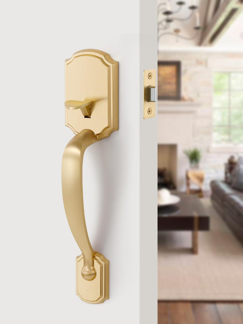1 Pack Gold Front Door Handles Reversible Lever Entry No Lock Handleset Brushed Brass Entry Way Door Handle Satin Brass 1