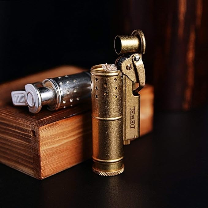 DEWEL oil lighter, retro, small, outdoor, with windshield cover, suitable for outdoor use, slim kerosene lighter, with ignition stone, trench lighter, made of brass, with storage box and cloth bag, Father's Day gift for men (no oil) - NewNest Australia
