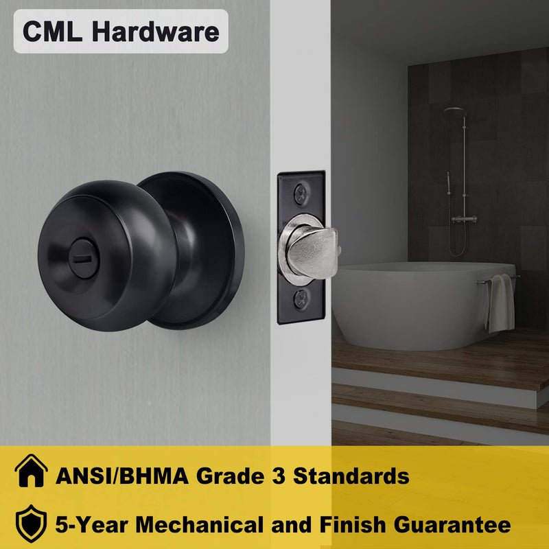 CML Hardware Matte Black Privacy Door Knob, 4 Pack Keyless Lock Set for Bedroom or Bathroom, Interior Door Lock for Bed/Bath, Round Ball Handle