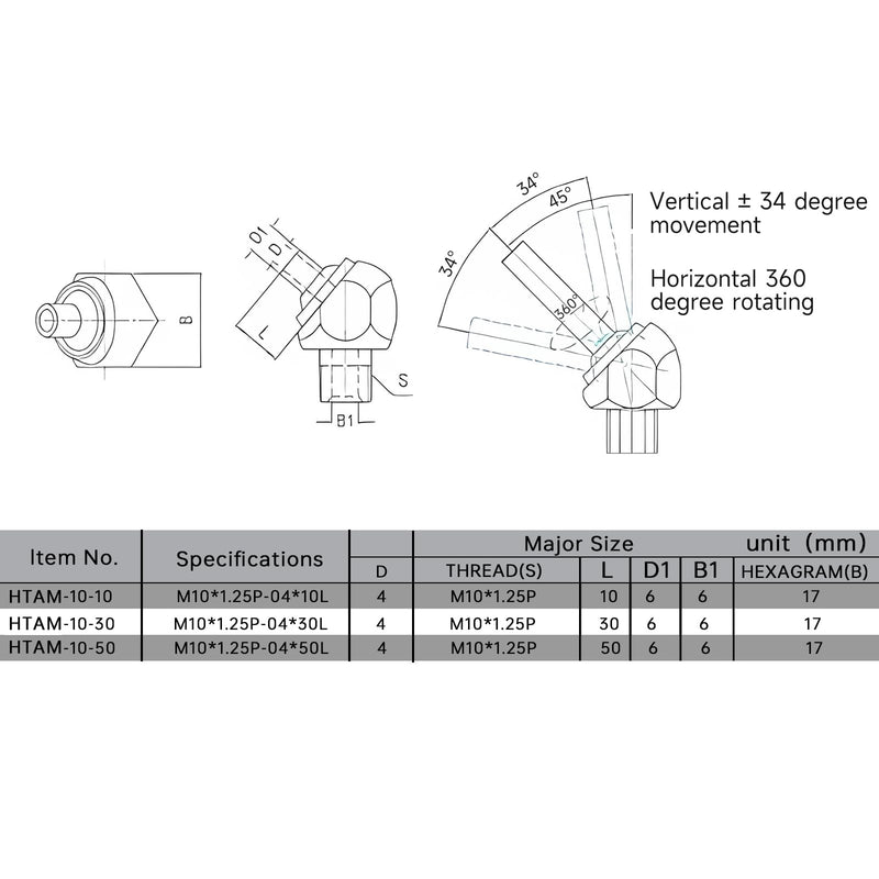 5PC M10*1.25Px 10/30/50mm adjustable 304 stainless steel cooling nozzle, suitable for high-pressure cooling of CNC machine tools and CNC centers (pipe length 30mm) (HTAM-10-30) HTAM-10-30
